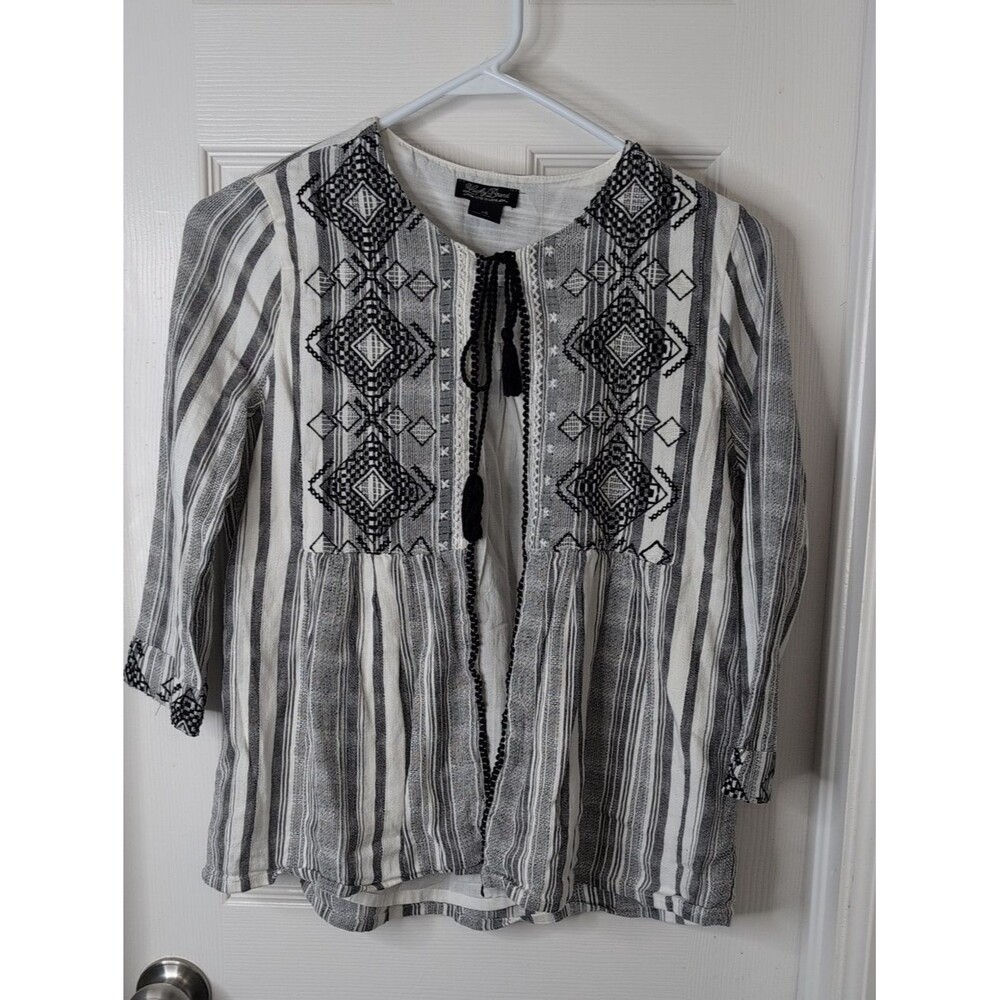 Lucky Brand 100% Cotton Black and White Embroidered Striped Open Front Tunic XS